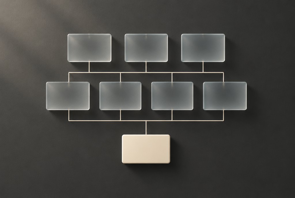 An ownership chain: tiers of frosted glass cards linked by lines down to one solid card