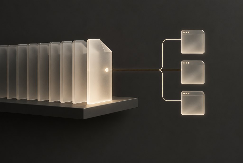 A shelf of frosted glass documents, one pulled forward, a line running from it to three small windows