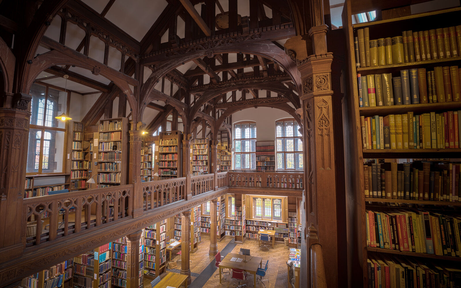 The galleried shelves of an old library